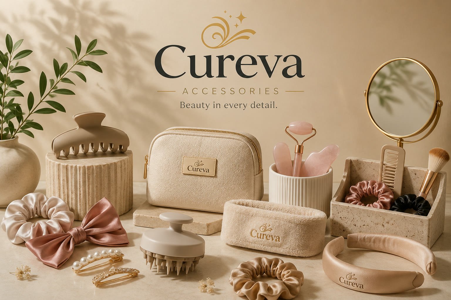 The Curevina Accessories collection: claw clip, branded pouch, rose quartz roller and gua sha, satin scrunchies, pearl clips, scalp brush and headbands.