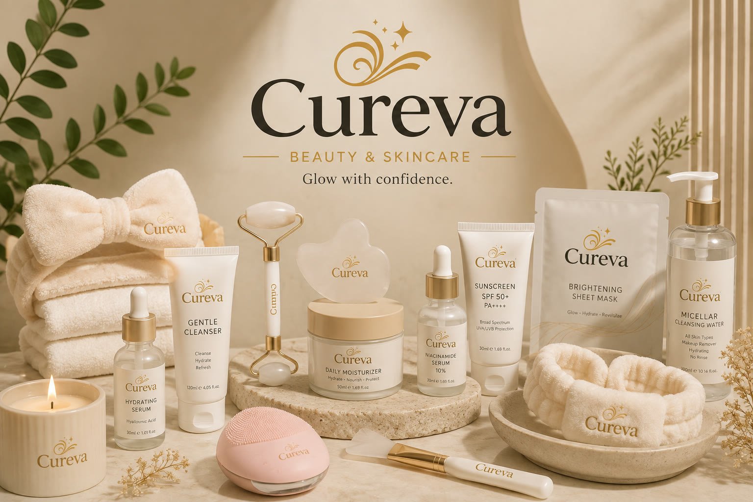 The Curevina Beauty and Skincare collection laid out on a cream surface.
