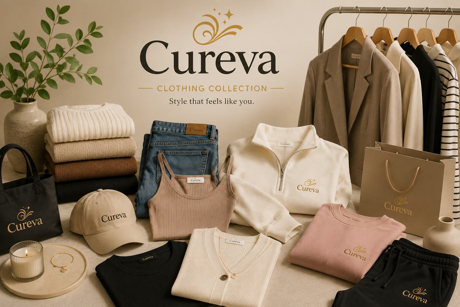 The Curevina Clothing Collection: knitwear, denim, tees and loungewear folded on a pale surface.